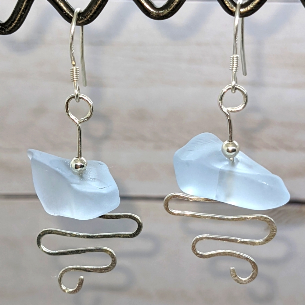 Handmade Ice Blue Glass, Sterling Silver Earrings.